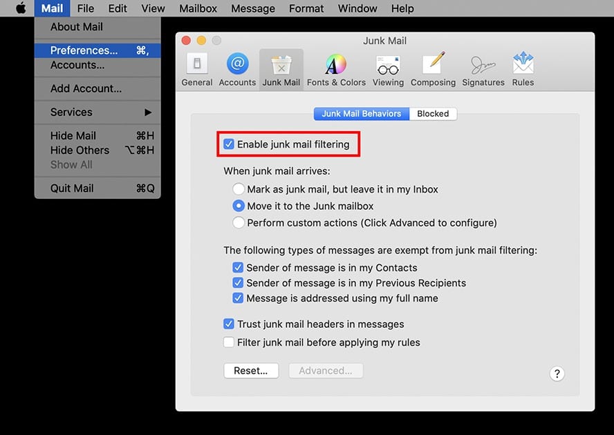 activer filtre junk mail sur mac
