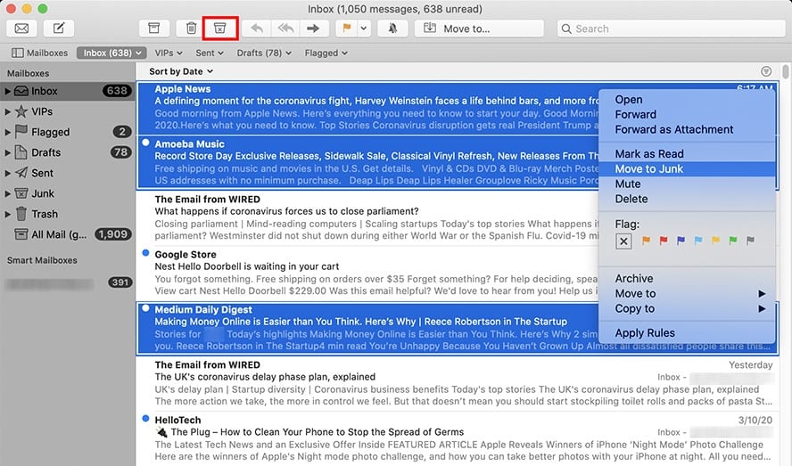déplacer un email vers junk mail mac
