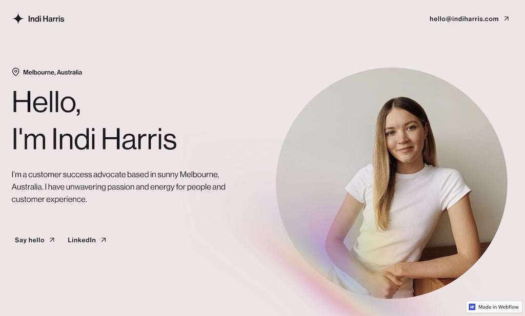 Modèle de portfolio gratuit Indi Harris Webflow